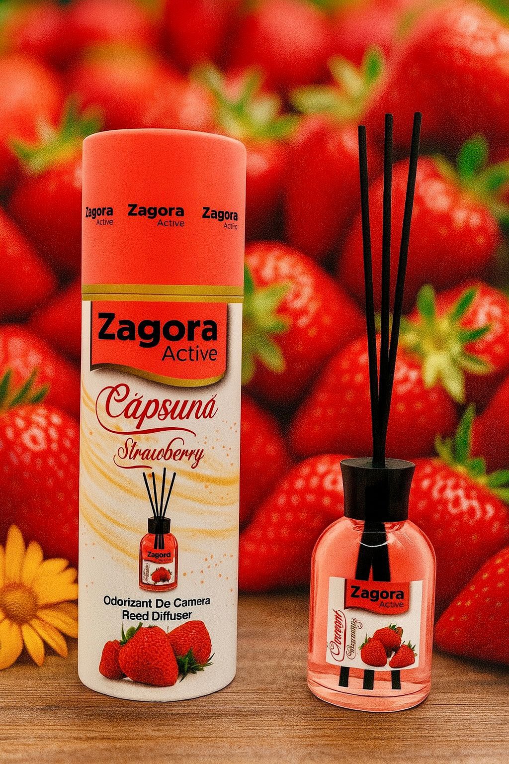 Zagora Active Căpșună Reed Diffuser – Odorizant de Cameră cu Bețișoare – Silindir – 100ml